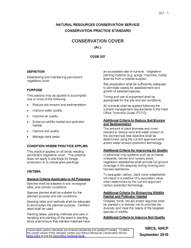 Alt text: Document outlining the Conservation Cover practice standard (Code 327) by the Natural Resources Conservation Service, detailing the purpose, criteria, and practices for establishing permanent vegetative cover to improve soil quality, water quality, air quality, and enhance wildlife habitat.