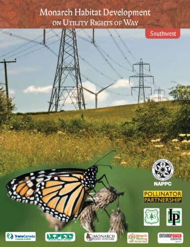Monarch butterfly resting on a plant in a field with utility poles in the background, promoting habitat development for pollinators on utility rights of way. The image includes logos of various organizations involved in conservation efforts.