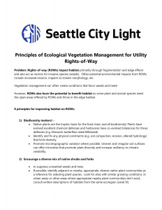 Document outlining the principles of ecological vegetation management for utility rights-of-way, focusing on biodiversity, habitat enhancement, and strategies for minimizing environmental impacts.