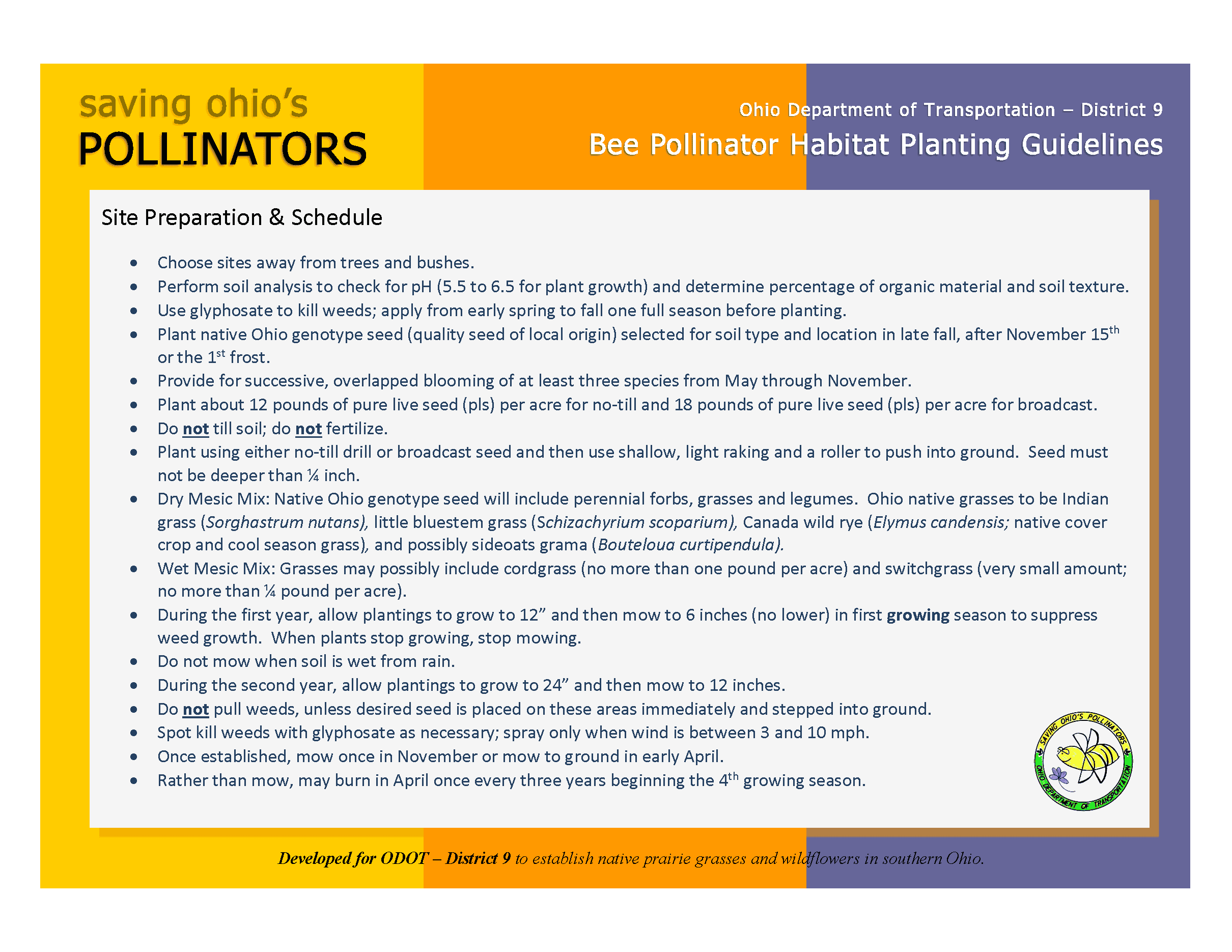 Alt text: Guidelines for planting bee pollinator habitats in Ohio, including site preparation, seed selection, planting techniques, and maintenance tips for promoting native flora and supporting pollinator populations.