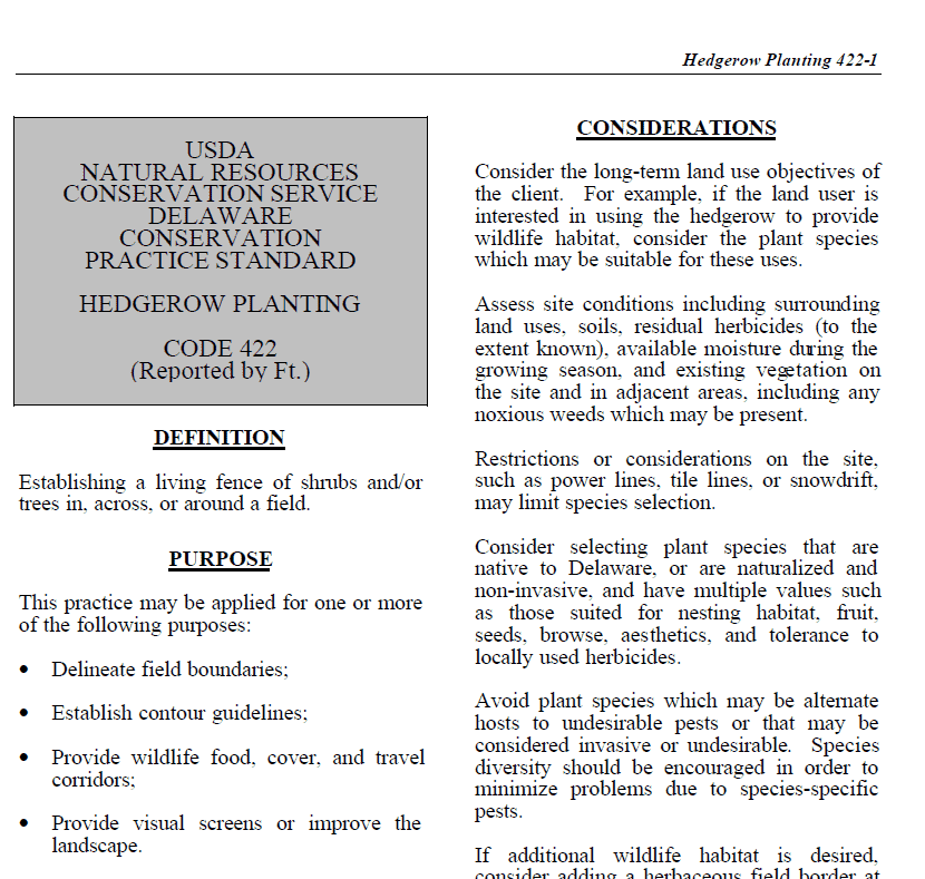 USDA Natural Resources Conservation Service document on hedgerow planting, detailing the definition, purpose, and considerations for establishing living fences of shrubs and trees to enhance wildlife habitat, delineate field boundaries, and improve landscapes.