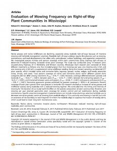 Research article titled "Evaluation of Mowing Frequency on Right-of-Way Plant Communities in Mississippi," discussing the impact of mowing on plant communities. Includes authors, abstract, and publication details.
