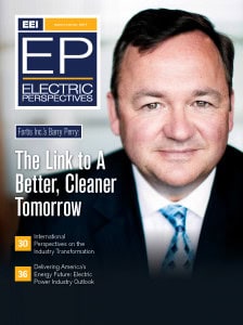 Cover of Electric Perspectives magazine featuring Barry Perry, highlighting the theme "The Link to A Better, Cleaner Tomorrow" with articles on industry transformation and the future of the electric power industry.