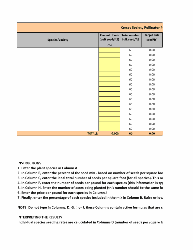 Alt text: Spreadsheet from the Xerces Society detailing pollinator planting guidelines, including columns for species/variety, percentage of seed mix, total bulk seed per square foot, and target bulk seed requirements, with instructions for data entry and interpretation.