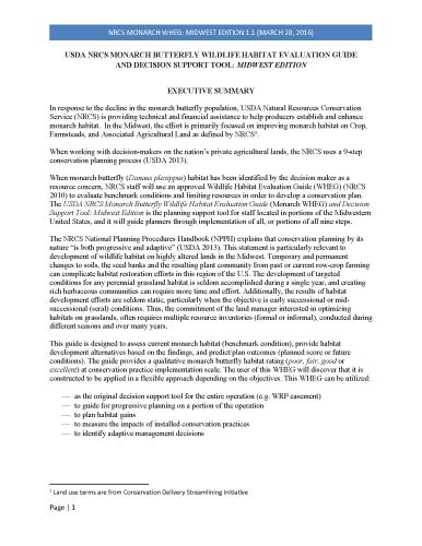 Alt text: Executive summary of the USDA NRCS Monarch Butterfly Wildlife Habitat Evaluation Guide and Decision Support Tool for the Midwest, outlining strategies for enhancing monarch butterfly habitats on agricultural lands.