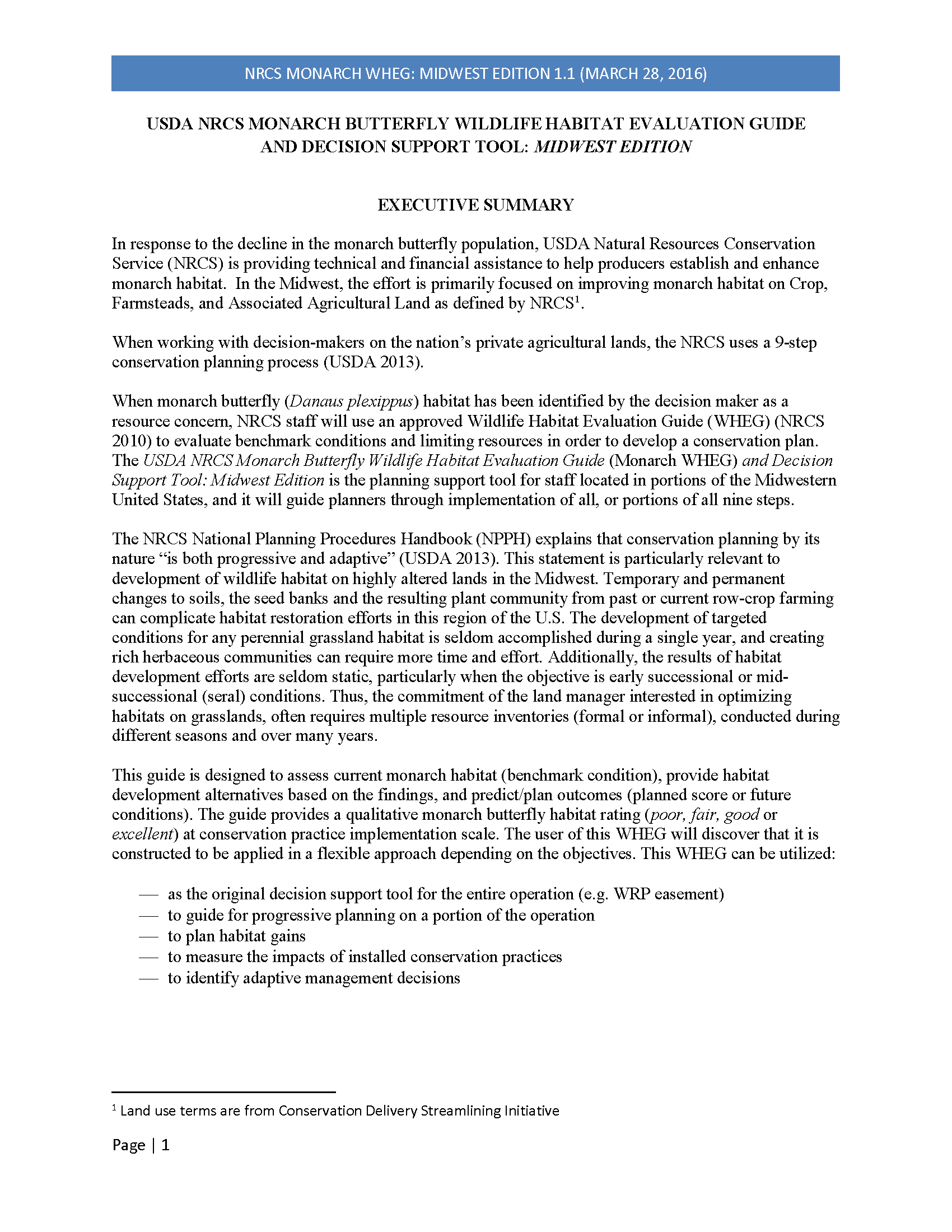 Alt text: Executive summary of the USDA NRCS Monarch Butterfly Wildlife Habitat Evaluation Guide and Decision Support Tool for the Midwest, outlining strategies for enhancing monarch butterfly habitats on agricultural lands.