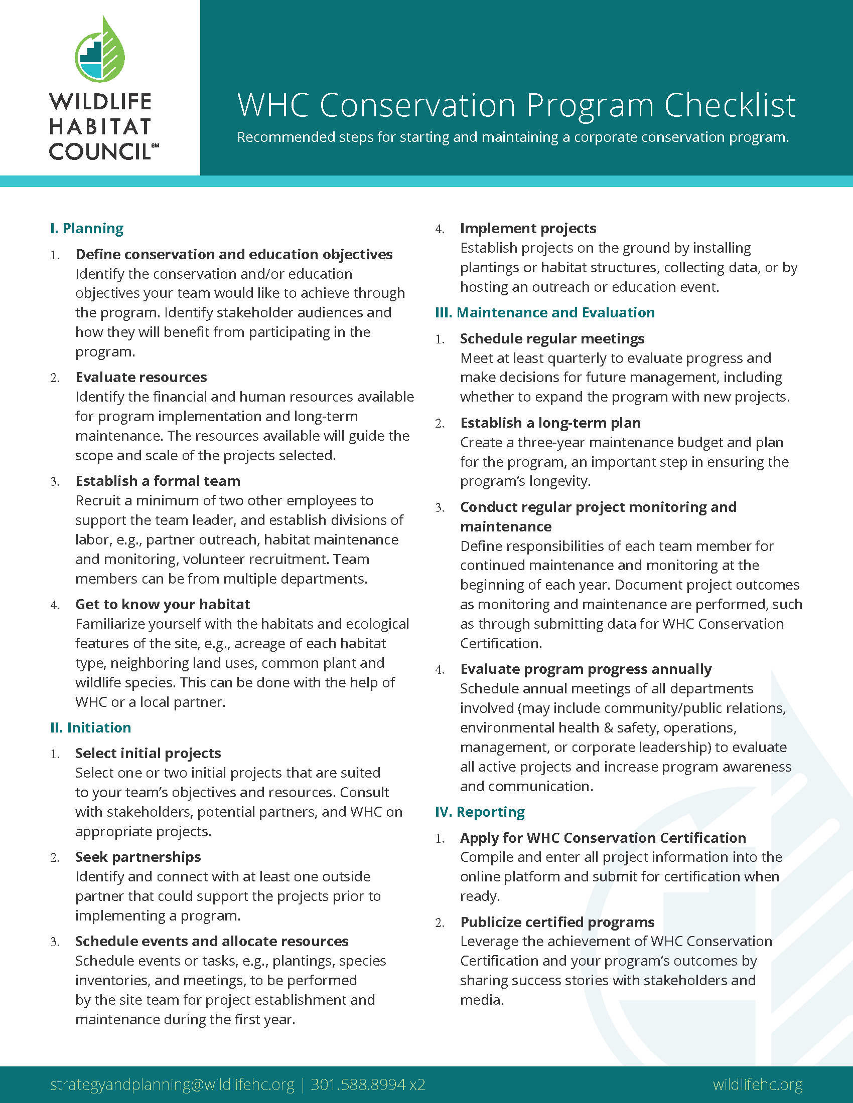 Alt text: WHC Conservation Program Checklist outlining steps for initiating and maintaining a corporate conservation program, including planning, project implementation, maintenance, evaluation, and reporting strategies.