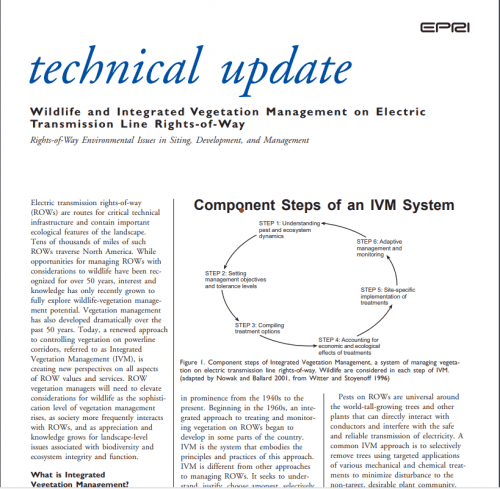 Alt text: Technical update document discussing wildlife and integrated vegetation management on electric transmission line rights-of-way. The image features a flowchart outlining the component steps of an Integrated Vegetation Management (IVM) system, including understanding ecosystem dynamics, setting management objectives, compiling treatment options, and adaptive management.