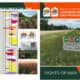 Wildflower Bloom Guide brochure featuring colorful images of native plants, a conservation seed program overview by Pheasants & Quail Forever, and a sign for Illinois Habitat Highway. The layout includes a bloom schedule, photos of diverse flora, and information on conservation efforts for rights-of-way.