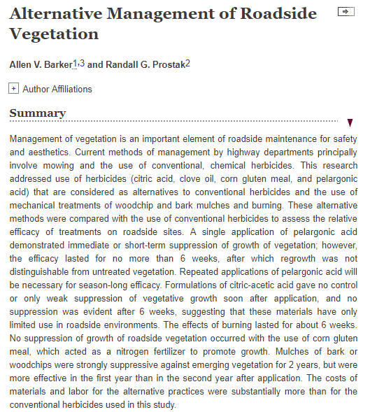Research summary on alternative management strategies for roadside vegetation, focusing on the effectiveness of natural herbicides like citric acid, clove oil, corn gluten meal, and pelargonic acid compared to conventional methods. The study evaluates the duration of efficacy, highlighting that alternative methods may require repeated applications for effective vegetation control.