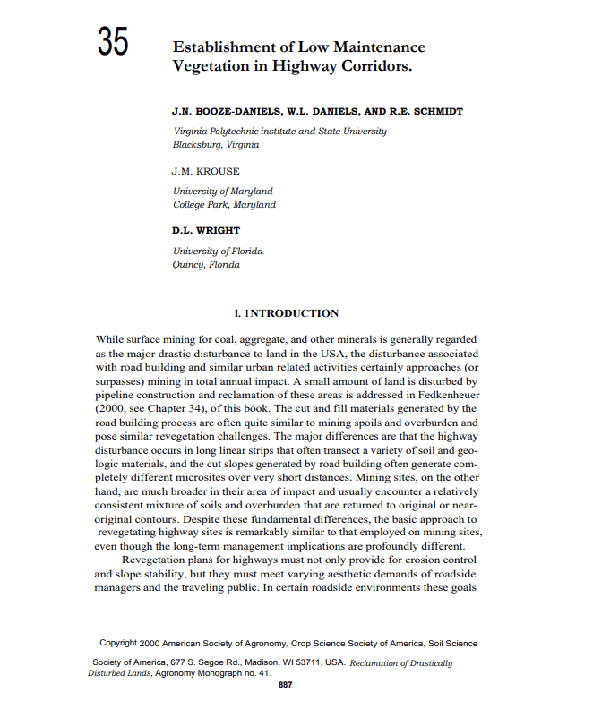 Alt text: Page from a publication discussing the establishment of low maintenance vegetation in highway corridors, authored by researchers from Virginia Polytechnic Institute, University of Maryland, and University of Florida. The introduction highlights the environmental impact of road construction and the challenges of revegetation in disturbed areas.