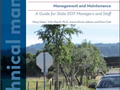 Technical manual cover for "Maintaining Roadsides for Pollinators" by Pollinator Partnership, featuring guidelines for establishment, restoration, management, and maintenance aimed at state DOT managers and staff. The image shows a roadside scene with greenery and a vehicle, emphasizing the integration of pollinator habitats in transportation infrastructure.