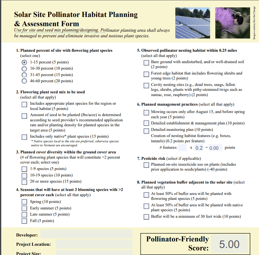Alt text: "Solar Site Pollinator Habitat Planning and Assessment Form featuring sections for planned flowering plant percentages, seed mix, ground cover diversity, blooming seasons, observed nesting habitats, management practices, pesticide risk, and buffer vegetation requirements. The form includes scoring criteria for pollinator-friendly practices."