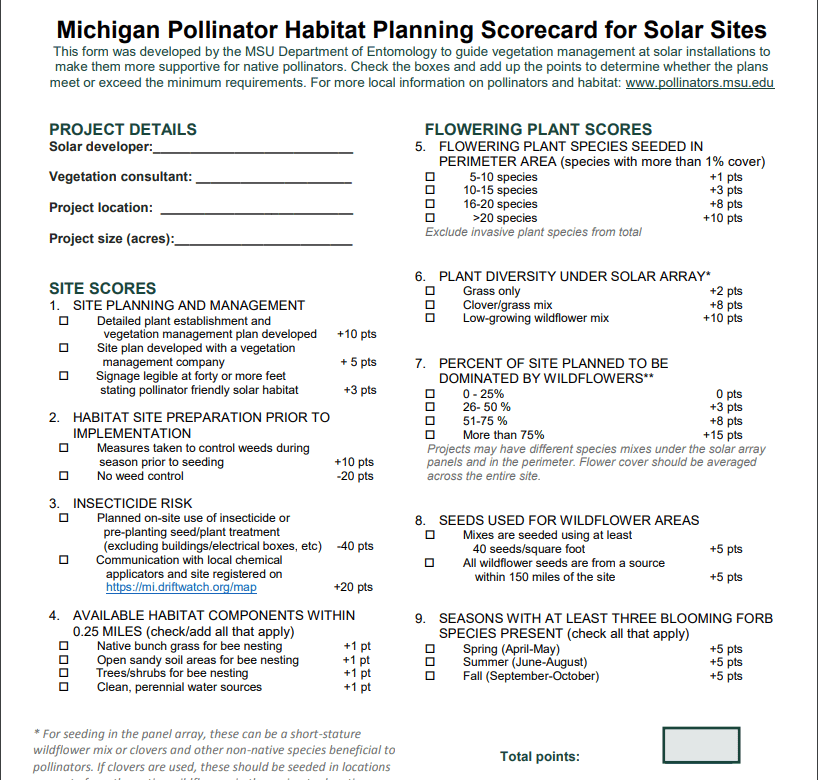 Alt text: "Michigan Pollinator Habitat Planning Scorecard for Solar Sites form by MSU Department of Entomology, outlining criteria for evaluating vegetation management at solar installations to support native pollinators. Includes sections on site planning, habitat preparation, insecticide risk, and scoring for flowering plant species, plant diversity, and habitat components."