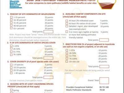 Alt text: "Solar Site Pollinator Habitat Assessment Form outlining criteria for evaluating pollinator and wildlife habitat benefits on solar sites, including sections on wildflower dominance, native species cover, cover diversity, blooming seasons, habitat components, and insecticide risk."