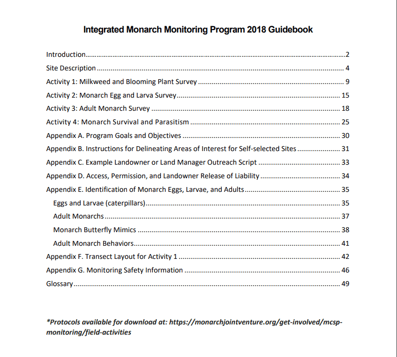 Alt text: "Cover page of the Integrated Monarch Monitoring Program 2018 Guidebook, featuring a table of contents that includes sections on monarch egg and larva surveys, adult monarch surveys, program goals, and safety information."