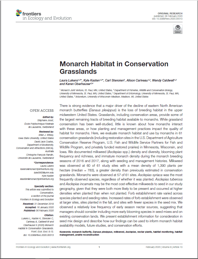 Research article on monarch butterfly habitat in conservation grasslands, highlighting the impact of grassland management on breeding habitats and plant diversity. The study evaluates monarch density in 61 conservation sites, discussing milkweed species and establishment rates to inform future conservation efforts.