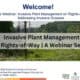 Webinar slide introducing "Invasive Plant Management on Rights-of-Way," focusing on methods to address invasive grasses, with a background image of a green landscape featuring power lines and vegetation.