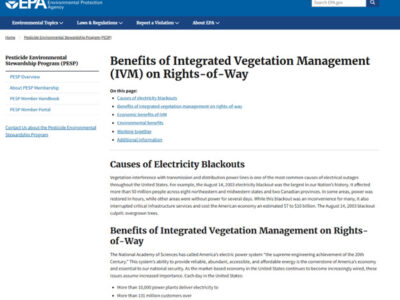 EPA webpage discussing the benefits of Integrated Vegetation Management (IVM) on rights-of-way, including causes of electricity blackouts, economic and environmental benefits, and collaboration efforts.