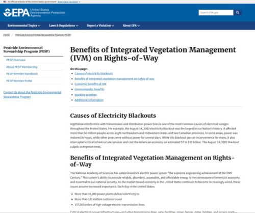 EPA webpage discussing the benefits of Integrated Vegetation Management (IVM) on rights-of-way, including causes of electricity blackouts, economic and environmental benefits, and collaboration efforts.
