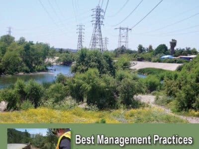 Landscape image illustrating the prevention of invasive plants along transportation and utility corridors, featuring a river bordered by greenery and power lines, with a smaller inset showing workers implementing best management practices.
