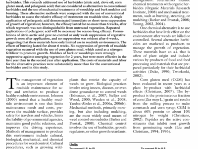 Alt text: Academic article titled "Alternative Management of Roadside Vegetation" by Allen V. Barker and Randall G. Prostak, discussing the effectiveness of various herbicides and alternative methods for managing roadside vegetation, including the use of acetic acid, clove oil, and mechanical treatments compared to conventional herbicides. The study highlights the limitations and benefits of these methods in promoting vegetation control while considering environmental impacts.
