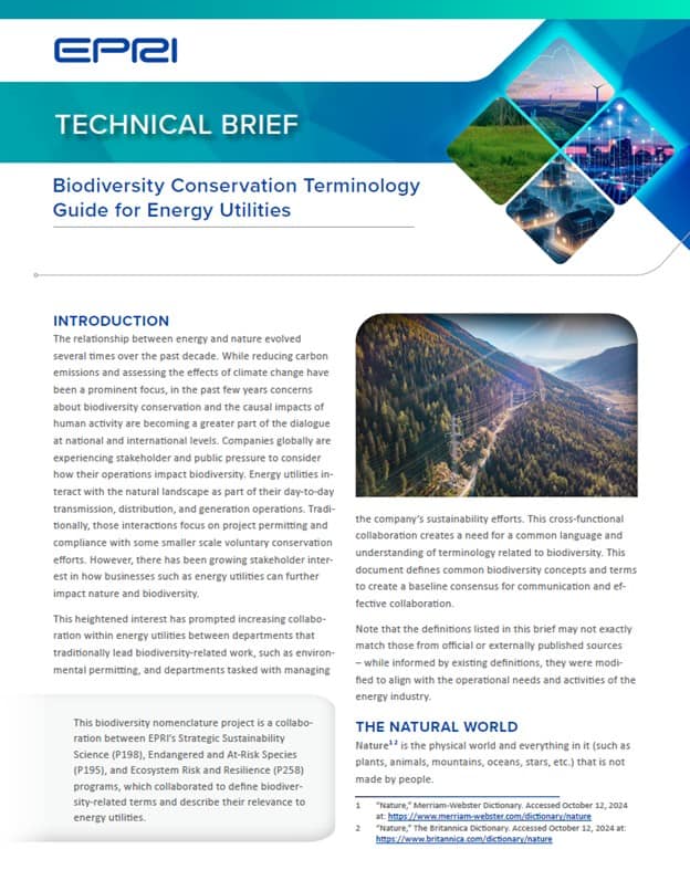Thumbnail of EPRI Technical Brief with the title Biodiversity Conservation Terminology Guide for Energy Utilities