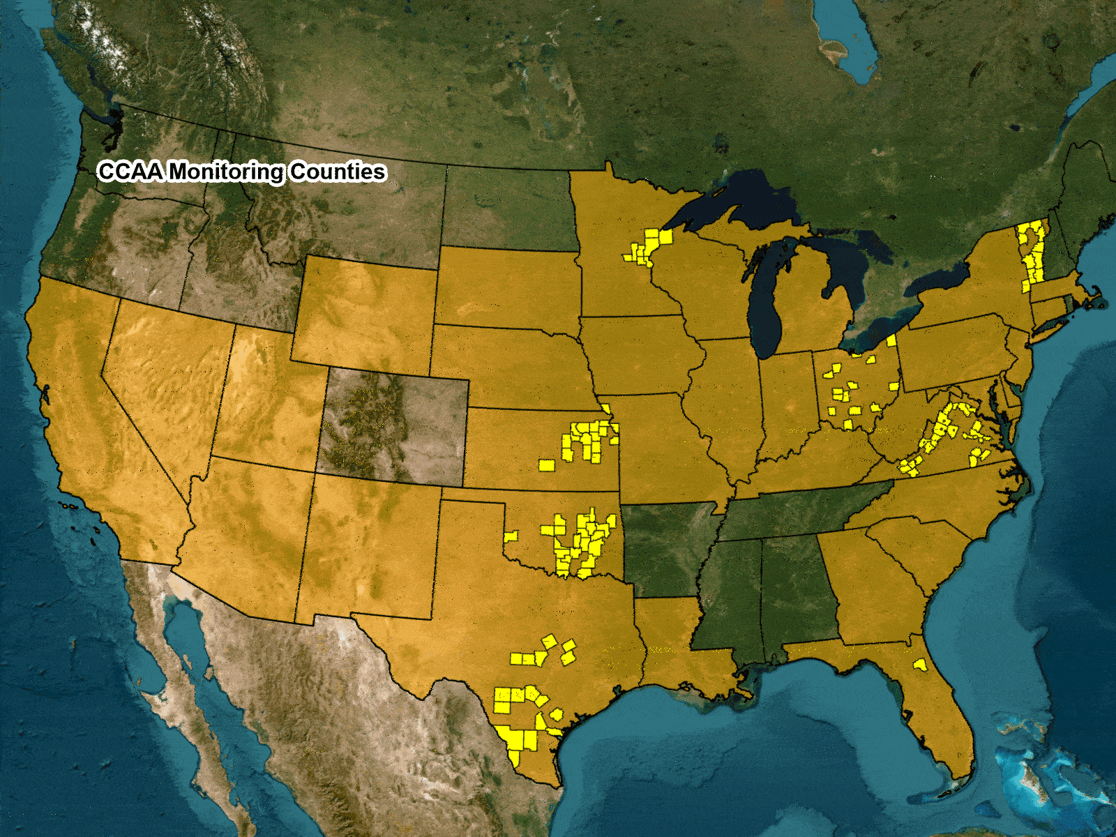 Counties are highlighted over time demonstrating where monitoring has happened across the country.