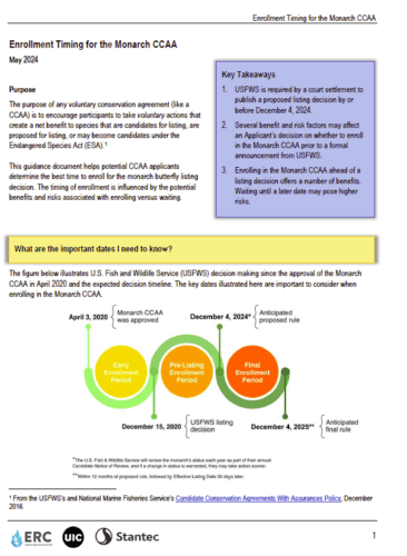 Alt text: Infographic detailing enrollment timing for the Monarch Candidate Conservation Agreement with Assurances (CCAA). It includes key dates such as the approval date of April 3, 2020, and upcoming deadlines for enrollment periods and USFWS decisions, emphasizing the importance of timely participation for potential applicants.