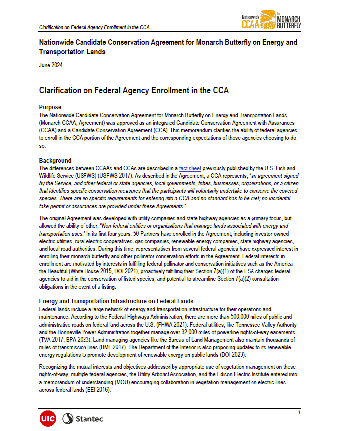Document titled "Clarification on Federal Agency Enrollment in the CCA," June 2004, discussing the National Candidate Conservation Agreement for Research, Energy, and Transportation Lands, outlining federal agency roles and responsibilities related to enrollment in the CCA.