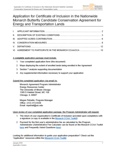 Application form for the Certificate of Inclusion in the Nationwide Monarch Butterfly Candidate Conservation Agreement for Energy and Transportation Lands, detailing requirements for submission, including maps and supporting documentation, with contact information for the program administrator at the University of Illinois Chicago.