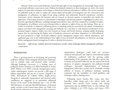 Alt text: Academic article titled "Pollinator Conservation and Management on Electrical Transmission and Roadside Rights-of-Way: A Review" by Victoria A. Wojcik and Stephen Buchmann, published in the Journal of Pollination Ecology. The document discusses habitat management strategies for pollinators, emphasizing the importance of rights-of-way and landscape management in conserving pollinator species.
