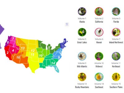 Map of the United States divided into 16 regions for ecological guides, highlighting areas from Alaska to the Southwest, with corresponding volumes for each region, including California, Florida, Great Basin, and more.