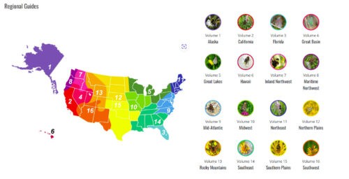 Map of the United States divided into 16 regions for ecological guides, highlighting areas from Alaska to the Southwest, with corresponding volumes for each region, including California, Florida, Great Basin, and more.