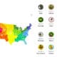Map of the United States divided into 16 regions for ecological guides, highlighting areas from Alaska to the Southwest, with corresponding volumes for each region, including California, Florida, Great Basin, and more.