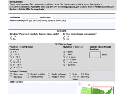 Alt text: "Rights-of-Way as Habitat Pollinator Scorecard for the Midwest and Northeast US Region, featuring sections for site information, pollinator assessments, and instructions for evaluating potentially flowering nectar plants and milkweed abundance."