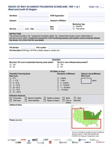 Alt text: A Rights-of-Way as Habitat Pollinator Scorecard for the West and South US Region, featuring sections for site information, pollinator habitat assessment, and monitoring types. The scorecard includes checkboxes for evaluating potentially flowering nectar plants, milkweed abundance, and observed pollinators, alongside a map highlighting the targeted regions for habitat assessment.