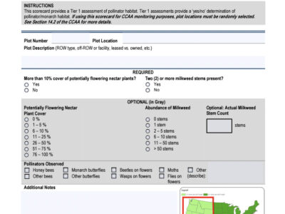 Alt text: A Rights-of-Way as Habitat Pollinator Scorecard for the West and South US Region, featuring sections for site information, pollinator habitat assessment, and monitoring types. The scorecard includes checkboxes for evaluating potentially flowering nectar plants, milkweed abundance, and observed pollinators, alongside a map highlighting the targeted regions for habitat assessment.