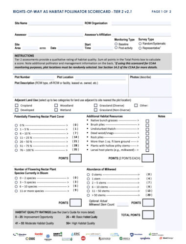 Alt text: A detailed Rights-of-Way Habitat Pollinator Scorecard (Tier 2 v2.1) featuring sections for site information, assessor details, habitat quality ratings, and scoring metrics for flowering nectar plant species and milkweed abundance. The form includes checkboxes for adjacent land use, additional habitat resources, and instructions for calculating total points to evaluate habitat quality for pollinators.