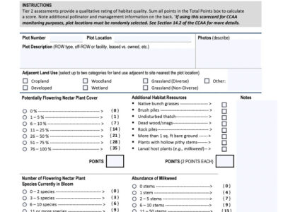 Alt text: A detailed Rights-of-Way Habitat Pollinator Scorecard (Tier 2 v2.1) featuring sections for site information, assessor details, habitat quality ratings, and scoring metrics for flowering nectar plant species and milkweed abundance. The form includes checkboxes for adjacent land use, additional habitat resources, and instructions for calculating total points to evaluate habitat quality for pollinators.