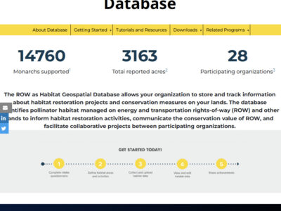 Alt text: Screenshot of the "Rights-of-Way as Habitat Geospatial Database" webpage, displaying statistics on monarchs supported, total reported acres, and participating organizations, along with navigation options for getting started, tutorials, and an intake questionnaire.