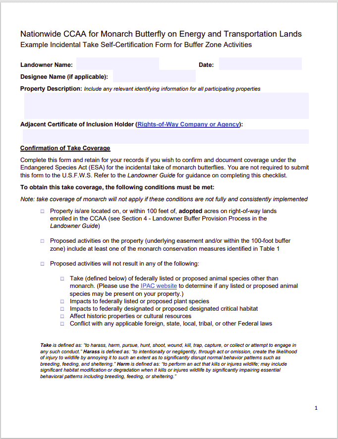 Thumbnail to Landowner Self-Certification Form for Buffer Zone Activities. Opens link in a new tab.