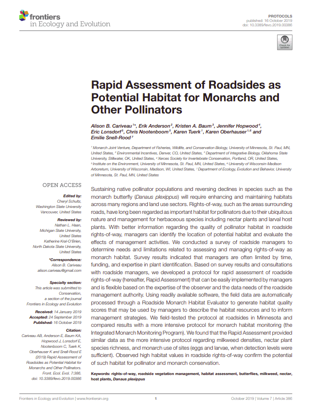 Alt text: Research article titled "Rapid Assessment of Roadsides as Potential Habitat for Monarchs and Other Pollinators," published in Frontiers in Ecology and Evolution. The article discusses the importance of roadside management for sustaining pollinator populations, particularly the monarch butterfly (Danaus plexippus), and outlines a protocol for assessing habitat quality and management strategies.