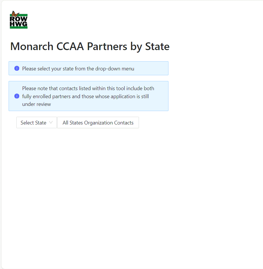 Alt text: Interface of the Monarch CCAA Partners by State tool, featuring a dropdown menu for selecting states and information about enrolled partners and applications under review.