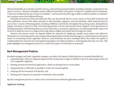 Informative graphic on the importance of roadside habitats for monarch butterflies, highlighting the role of milkweed and nectar plants in their lifecycle, the impact of herbicides on these habitats, and best management practices for reducing harm to monarch populations.