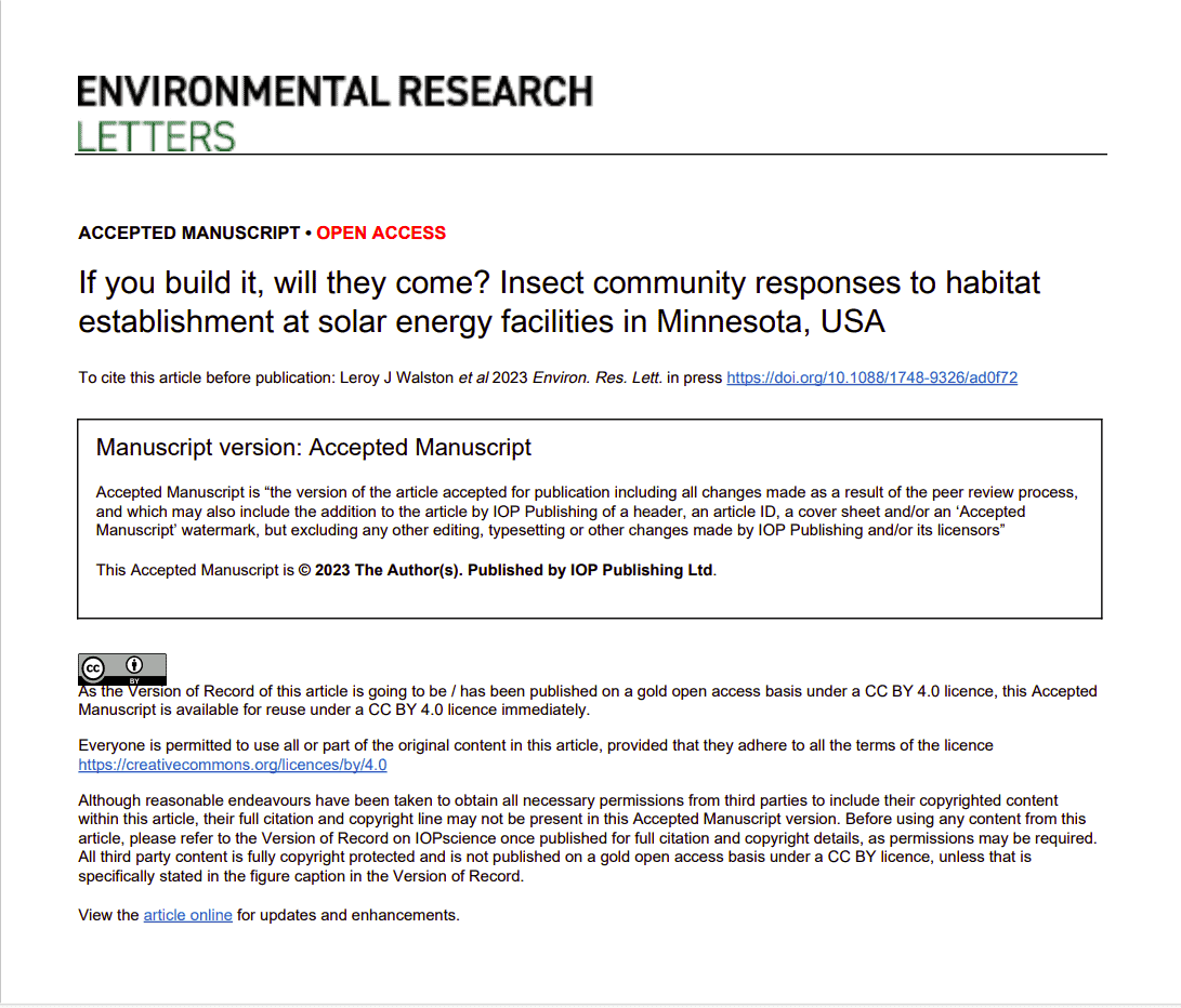 Accepted manuscript of a research article titled "If you build it, will they come? Insect community responses to habitat establishment at solar energy facilities in Minnesota, USA," published in Environmental Research Letters. The image includes details about the manuscript version, publication process, and copyright information.