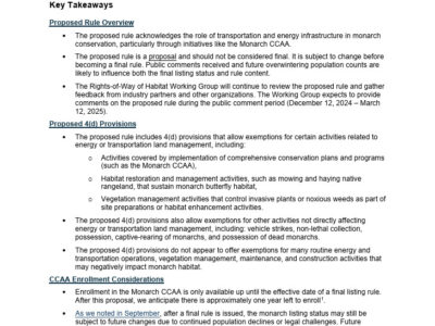 Alt text: Summary document outlining the proposed rule for listing the monarch butterfly as threatened under the Endangered Species Act, highlighting key takeaways on conservation efforts, transportation and energy infrastructure roles, and enrollment considerations for the Monarch CCAA program.