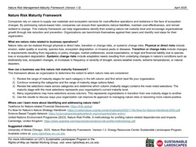 Nature Risk Management Maturity Framework document outlining how businesses can assess and manage nature-related risks. It includes definitions of nature risks, steps for evaluating maturity levels, and resources for further learning. The framework aims to enhance organizational resilience and cost-effectiveness while addressing ecosystem changes.