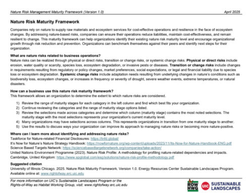 Nature Risk Management Maturity Framework document outlining how businesses can assess and manage nature-related risks. It includes definitions of nature risks, steps for evaluating maturity levels, and resources for further learning. The framework aims to enhance organizational resilience and cost-effectiveness while addressing ecosystem changes.