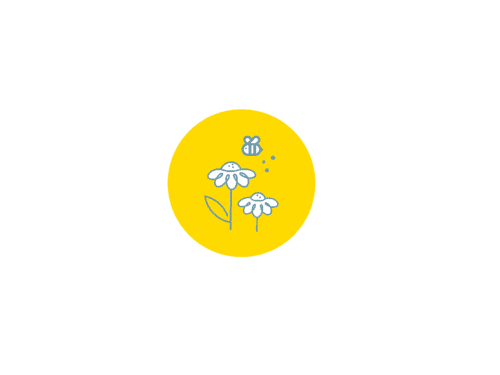 Illustration of two stylized flowers and a bee on a bright yellow background, representing nature and pollination.